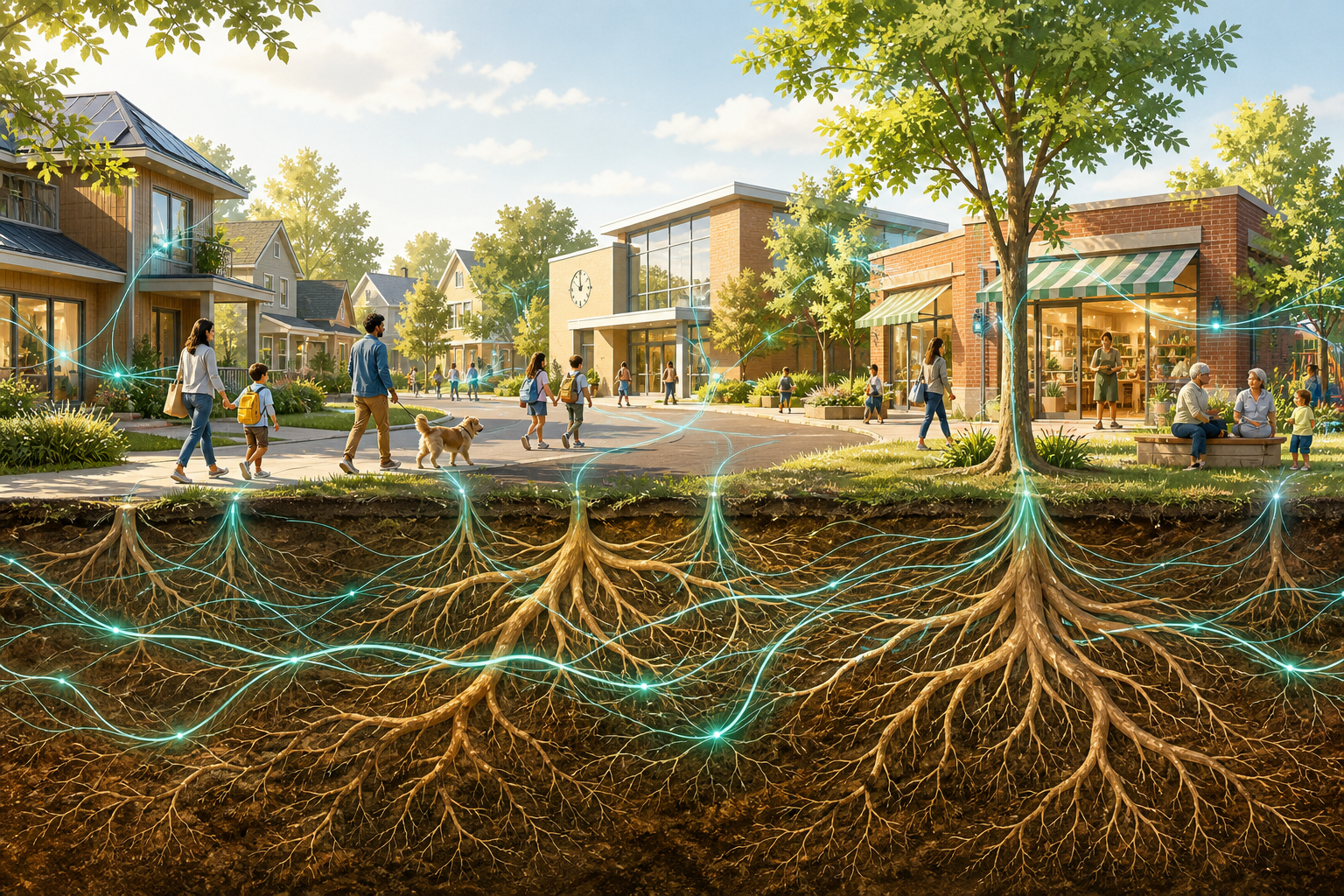 A bright town with living roots and teal threads connecting under the soil
