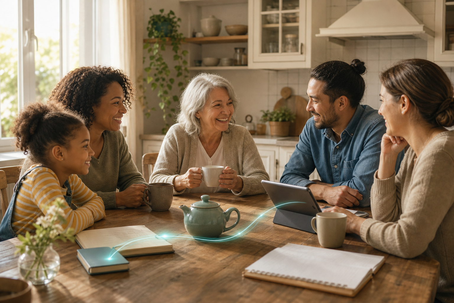 A warm kitchen table gathering with soft teal threads of shared plans
