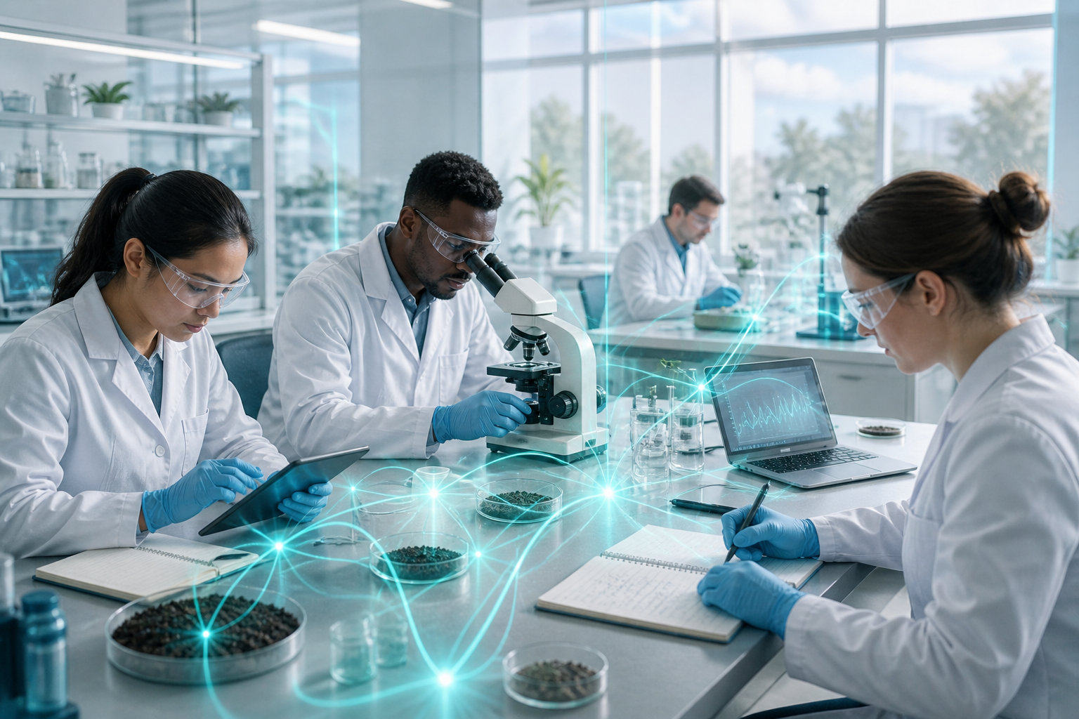 A research lab where people collaborate over instruments and notes